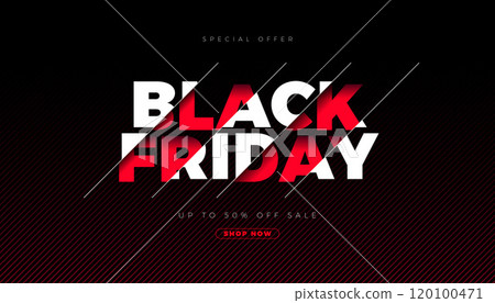 Black Friday Sale Banner with Typography Lettering on Black Background. Vector Black Friday Shopping Holiday Season Design for Discount Offer, Promotion Flyer, Advertising Poster, Fashion Ads and 120100471