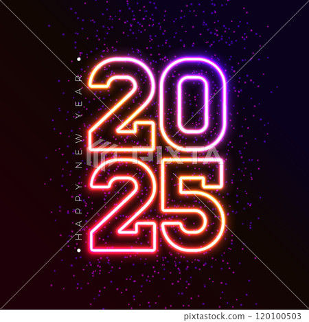 Happy New Year 2025 Illustration with Glowing Neon Light Number on Dark Background. Vector Christmas Holiday Season Design for Flyer, Greeting Card, Banner, Celebration Poster, Party Invitation 120100503