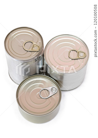 A Group of Stacked Tin Cans with Blank Edges Isolated on White 120100508