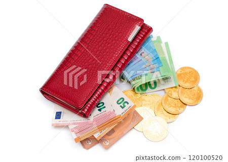 Red Leather Women Purse with Different Euro Banknotes and Bitcoin Coins 120100520