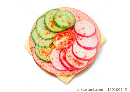 Cracker Sandwich with Fresh Cucumber, Cheese, Sausage, Radish and Tomato - Isolated 120100545