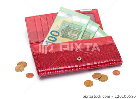 Opened Red Leather Women Purse with One Hundred Euro Banknotes Inside and Euro Cent Coins 120100550