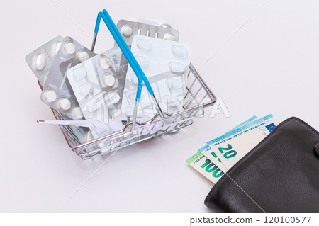 Pills and Capsules in a Shopping Basket and Black Wallet with Euro Money 120100577