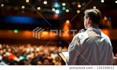 Doctor Explaining Advanced Treatments on an International Stage Doctor Explaining Advanced Treatments on an International Stage 120100612