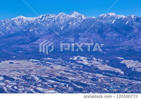 冬天從長野縣入笠山頂看到的八嶽山脈和東北側的富士見台地 120100715