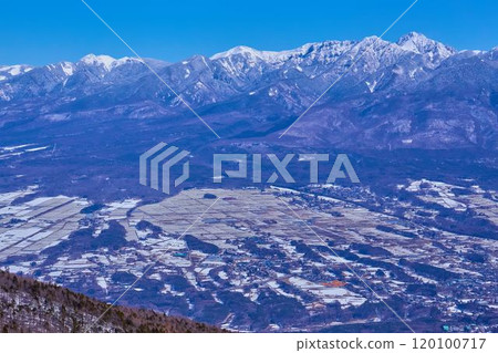 The northeastern Yatsugatake mountain range and Fujimi Plateau as seen from the summit of Mount Nyugasa in Nagano Prefecture in winter 120100717