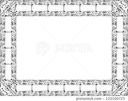 Mexican Arabic Mediterranean Moroccan mosaic motif, azulejo wall floor glazed tile ornament. Isolated card border frame. Hand drawn ink vector illustration. Design brochure, home decor architecture Mexican Arabic Mediterranean Moroccan mosaic motif, azulejo wall floor glazed tile ornament. Isolated card border frame. Hand drawn ink vector illustration. Design brochure, home decor architecture 120100725