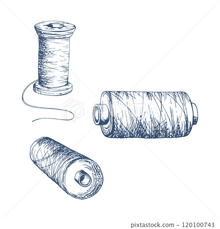 Indigo thread bobbins spools skeins yarn, sewing craft embroidery stitching supplies. Hand drawn ink vector illustration. Objects set isolated on white background. Design atelier, tailor, hobby shop 120100743