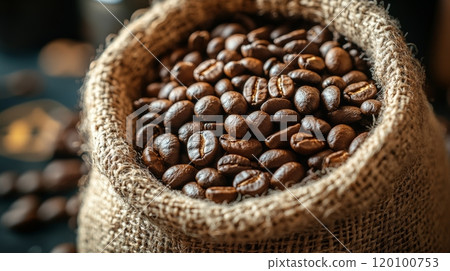 Aromatic Burlap Sack Filled with Roasted Coffee Beans, Perfect for Coffee Shop or Cafe Decor Generative AI 120100753