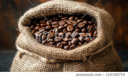 Aromatic Burlap Sack Filled with Roasted Coffee Beans, Perfect for Coffee Shop or Cafe Decor Generative AI 120100754