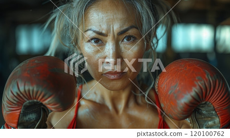 Strong Chinese Female Professional Boxer with Vintage Gloves Generative AI Strong Chinese Female Professional Boxer with Vintage Gloves Generative AI 120100762