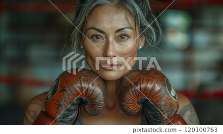 Strong Female Boxer with Vintage Gloves, Empowered Woman in Sports Generative AI Strong Female Boxer with Vintage Gloves, Empowered Woman in Sports Generative AI 120100763