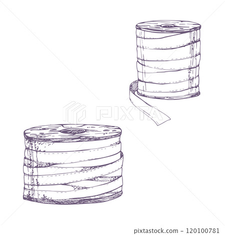 Purple ribbon bobbins fabric strap streamer serpentine. Hand drawn ink vector illustration sewing craft embroidery supplies. Set of isolated objects for atelier, tailor, hobby shop, fashion boutique Purple ribbon bobbins fabric strap streamer serpentine. Hand drawn ink vector illustration sewing craft embroidery supplies. Set of isolated objects for atelier, tailor, hobby shop, fashion boutique 120100781