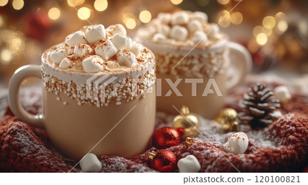 Cozy Hot Cocoa with Marshmallows and Christmas Decorations Generative AI 120100821