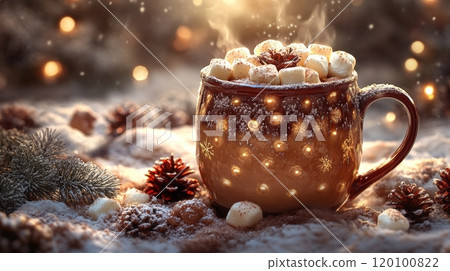 Cozy Hot Cocoa with Marshmallows and Christmas Decorations Generative AI 120100822