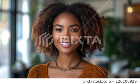 Happy African American Woman Working Remotely on a Virtual Video Team Meeting Call Generative AI 120100929
