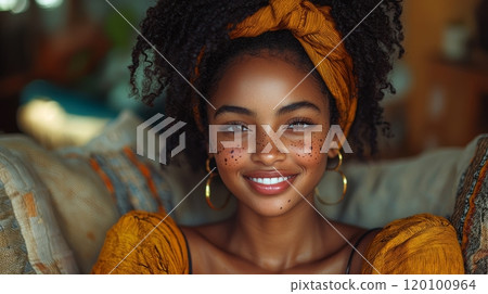 Young African Woman with Vitiligo Relaxing at Home Generative AI Young African Woman with Vitiligo Relaxing at Home Generative AI 120100964