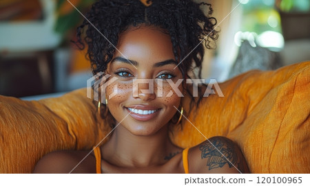 Young African Woman with Vitiligo Relaxing at Home Generative AI 120100965