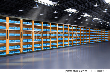 Warehouse interior with racks full of parcels Warehouse interior with racks full of parcels 120100998