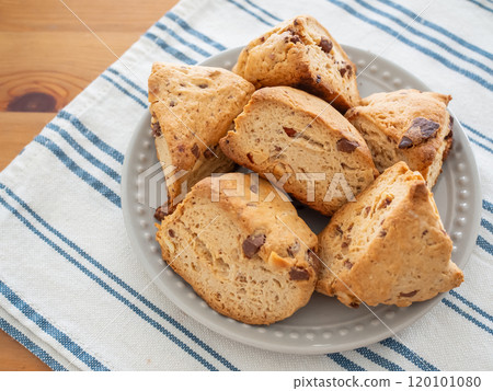 Chocolate nut scones on a plate Chocolate nut scones on a plate 120101080
