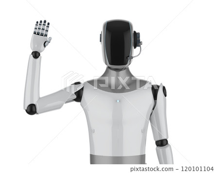 Humanoid robot with black face hand up isolated on white Humanoid robot with black face hand up isolated on white 120101104