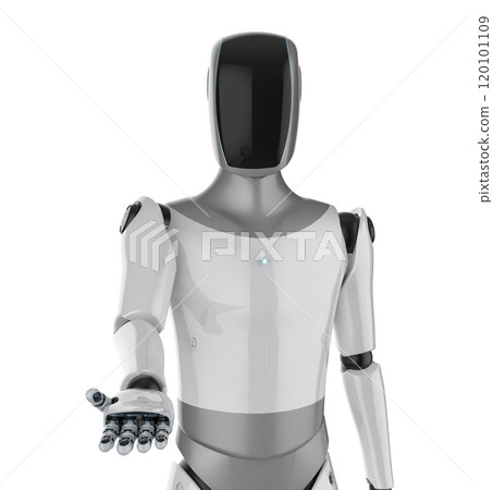 Humanoid robot with black face hand extend isolated on white Humanoid robot with black face hand extend isolated on white 120101109