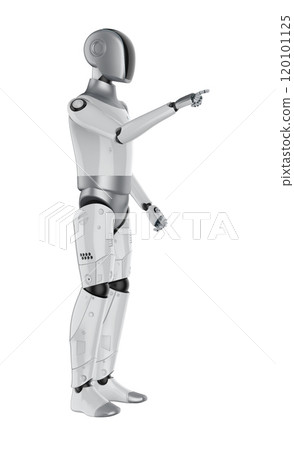 Humanoid robot with black face finger point isolated on white Humanoid robot with black face finger point isolated on white 120101125