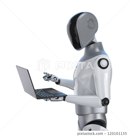 Humanoid robot with notebook computer isolated on white 120101135