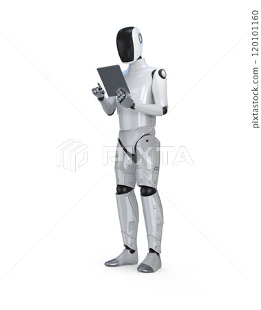Humanoid robot with digital tablet isolated on white Humanoid robot with digital tablet isolated on white 120101160