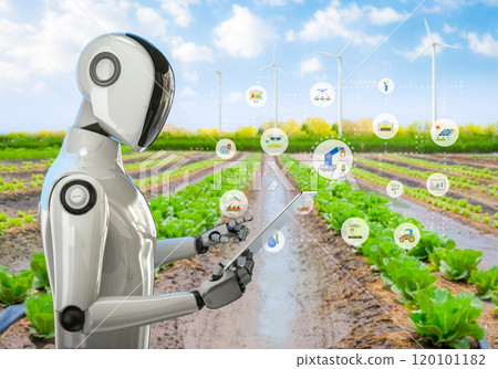 Agriculture technology concept with humanoid robot assistant with graphic display 120101182