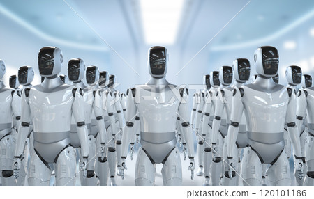 Humanoid robot assembly or group of cyborgs in factory 120101186