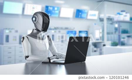 Humanoid robot in white futuristic laboratory Humanoid robot in white futuristic laboratory 120101246