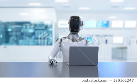 Humanoid robot in white futuristic laboratory Humanoid robot in white futuristic laboratory 120101247
