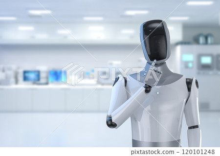 Humanoid robot in white futuristic laboratory Humanoid robot in white futuristic laboratory 120101248