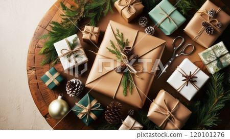Handcrafted Christmas gift wrapping with pine, twine, scissors and decor 120101276