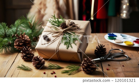 Christmas gift wrapped with twine, pine cones, and fir branches 120101321