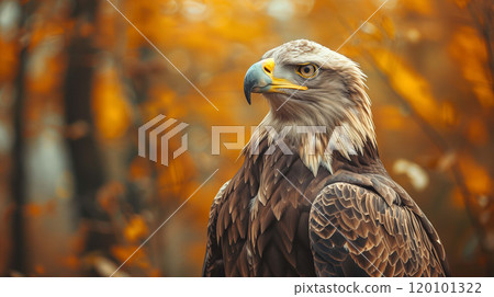 Powerful eagle stands with a piercing, determined look in its eyes 120101322