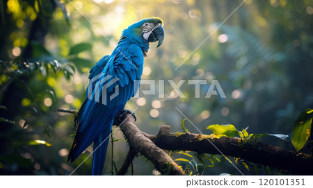 Spix's macaw perches gracefully on a branch amidst the lush, vibrant forest 120101351