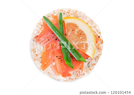 Rice Cake Sandwich with Fresh Salmon, Lemon and Green Onions - Isolated 120101454