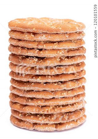 A Stack of Round Salt Crackers with Sesame Isolated on White Background A Stack of Round Salt Crackers with Sesame Isolated on White Background 120101559