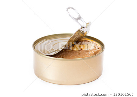 Opened Tin Can with Chicken Liver Pate Isolated on White Background Opened Tin Can with Chicken Liver Pate Isolated on White Background 120101565