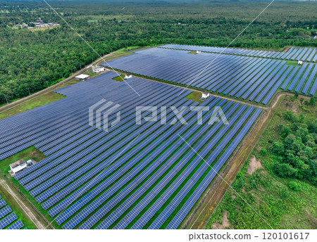 Aerial view of solar farm. Sustainable renewable energy and modern photovoltaic technology for eco-friendly electricity production. Solar power station. Green energy solutions. Solar panel technology. 120101617