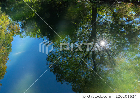 Autumn sunlight reflected on the water surface Autumn sunlight reflected on the water surface 120101624