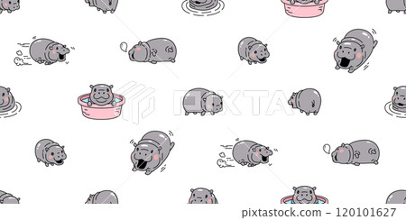 Baby Hippo seamless pattern pygmy hippo icon vector smiling hippopotamuses running swimming zoo sleeping pet animal cartoon character doodle tile background gift wrapping paper repeat wallpaper scarf  120101627