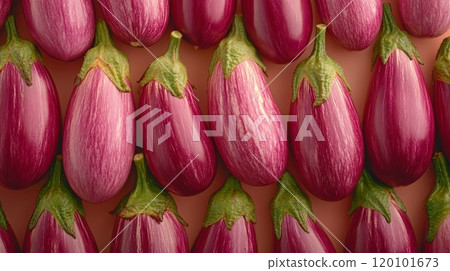 Fresh Purple Eggplants and Vegetables in a Vibrant High Angle Shot for Healthy Food or Grocery Store Display Generative AI 120101673