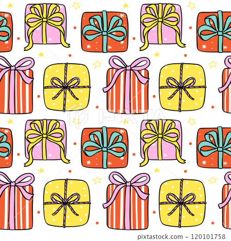 Pattern Seamless Groovy Christmas present gift box red and pink cartoon doodle isolated on background. 120101758