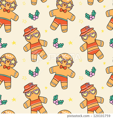 Pattern Seamless Groovy Christmas Summer Gingerbread Man and Girl cartoon doodle isolated on background. 120101759