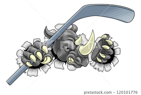 Rhino Rhinoceros Ice Hockey Cartoon Sports Mascot 120101776
