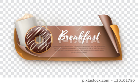 Breakfast 3d banner with coffee cup and donut. Menu, invitation, business card, flyer, packaging realistic horizontal template vector illustration on transparent background. 120101780