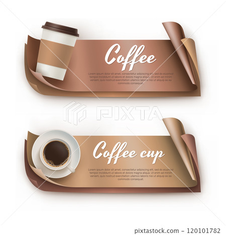 Coffee banner templates with cups of coffee set. Cafe or shop branding, menu page, invitation, business card, flyer, packaging design vector illustration isolated on white background. Coffee banner templates with cups of coffee set. Cafe or shop branding, menu page, invitation, business card, flyer, packaging design vector illustration isolated on white background. 120101782
